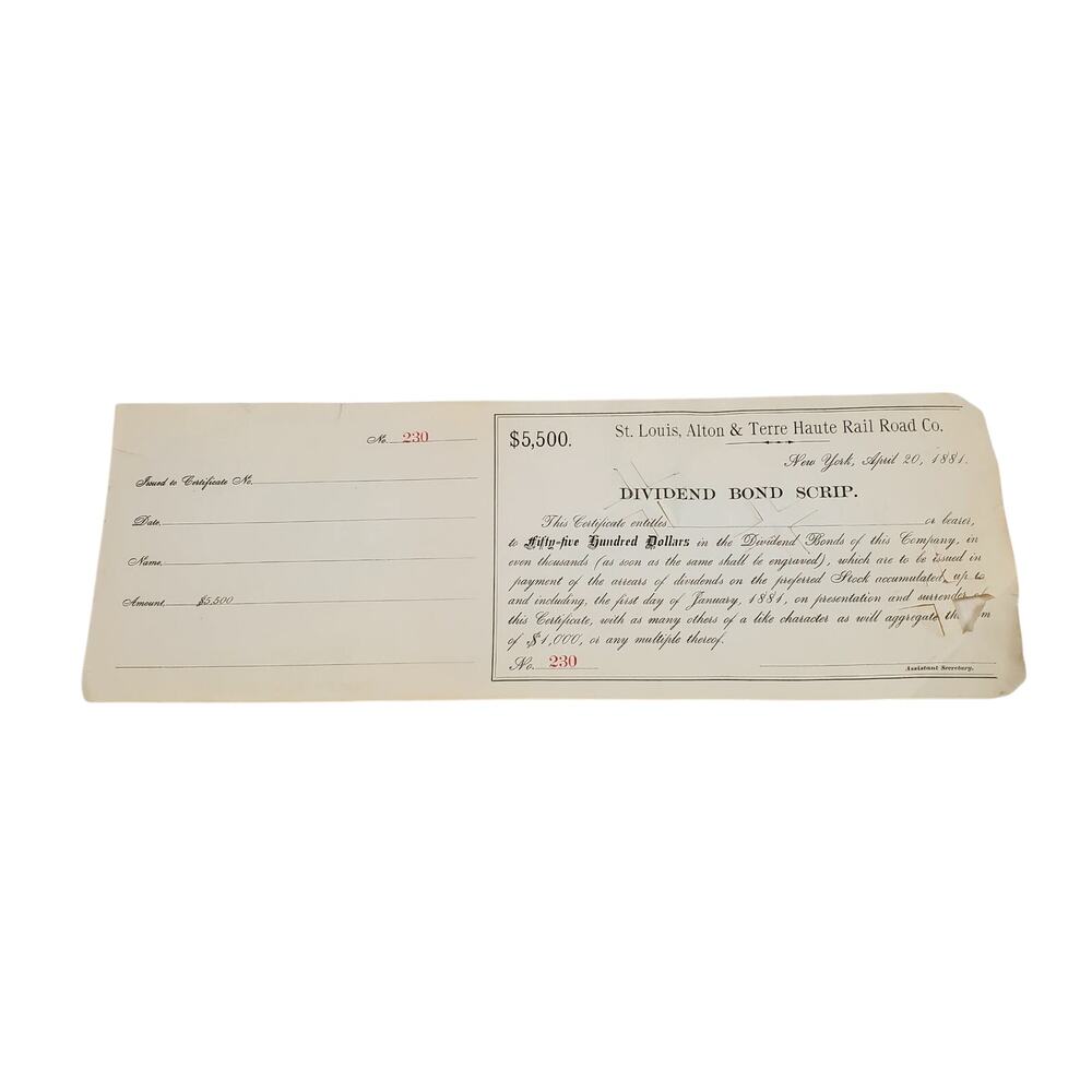 St. Louis, Alton and Terre Haute Rail Road Co NY $5,500 Bond Railroad Bonds 230